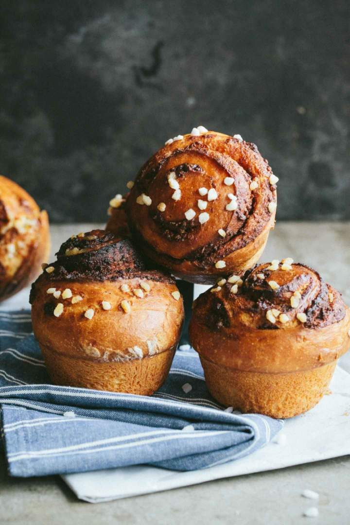 Cinnamon Rolls stacked decorated with pearl sugar