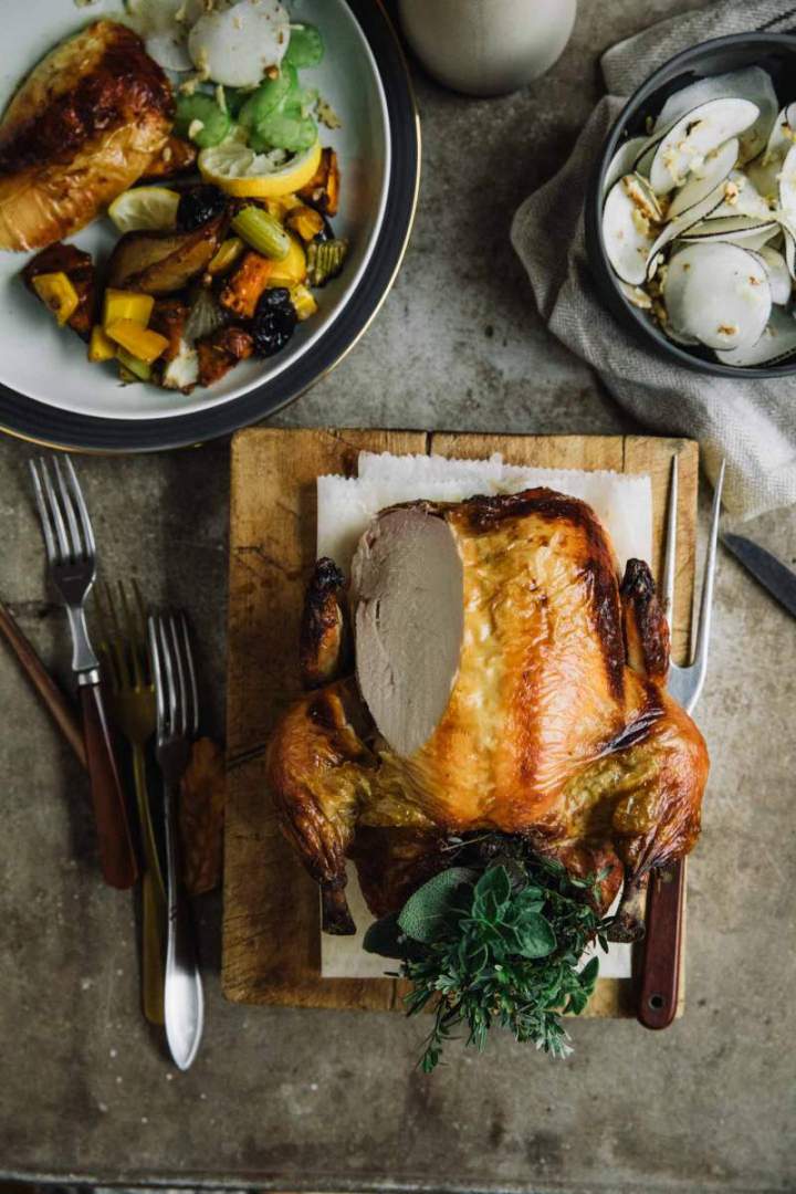Roast Chicken with Sweet Potatoes and Pear