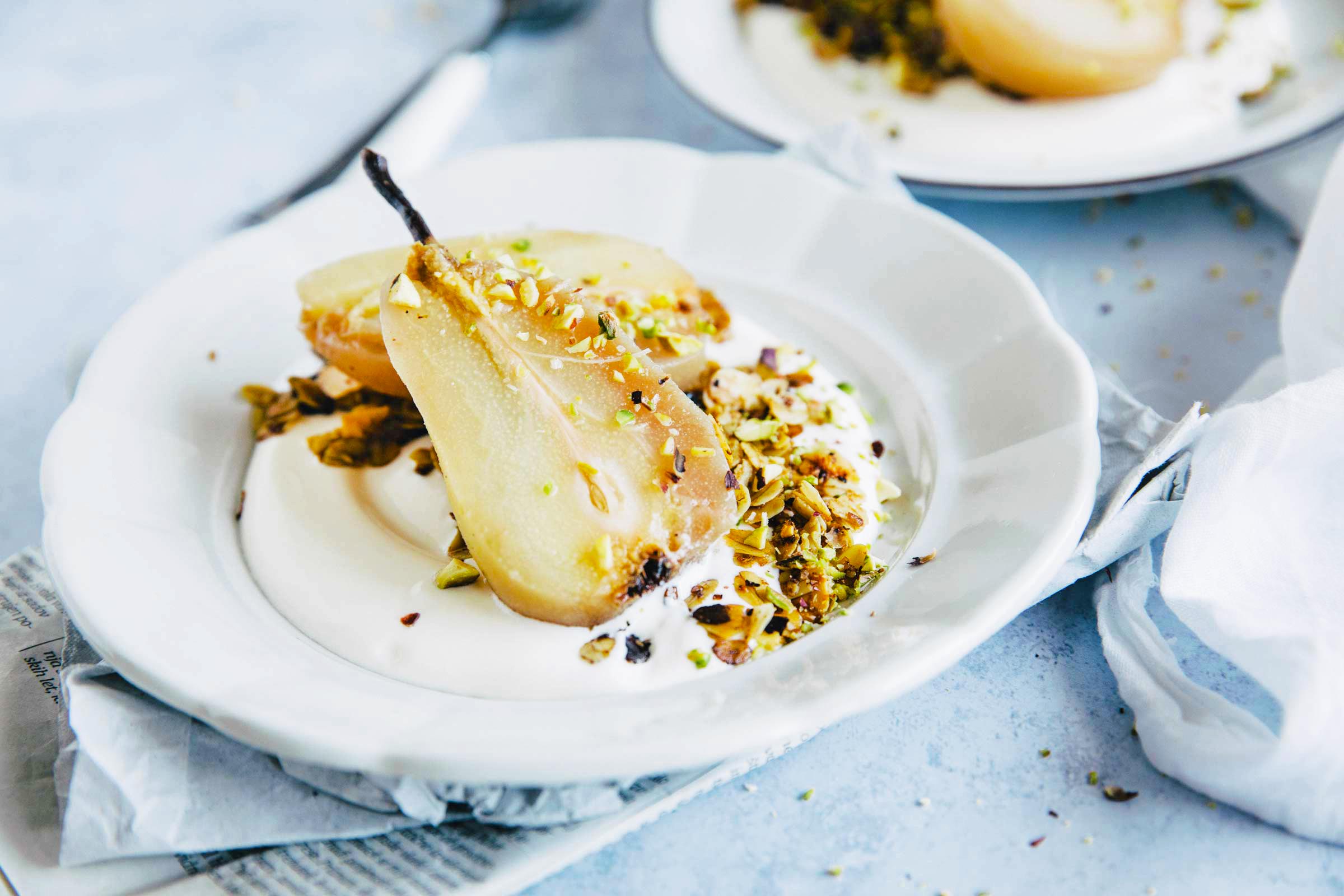 Breakfast Granola with Cranberries, Poached Pears and Yogurt Jernej