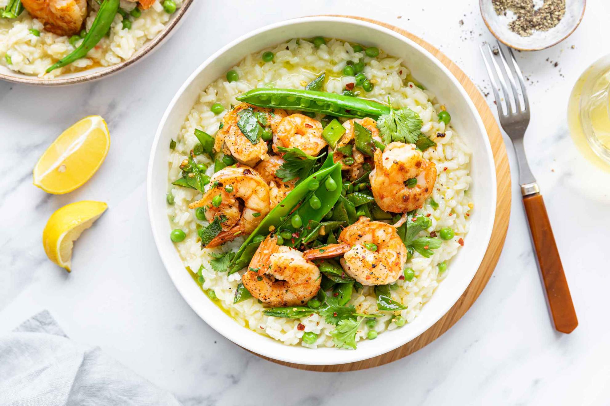 Decadently Creamy Risotto with Pan Seared Garlic Shrimp and Peas