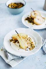 Breakfast Granola with Cranberries, Poached Pears and Yogurt