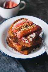 French toast with poached rhubarb and pistachios