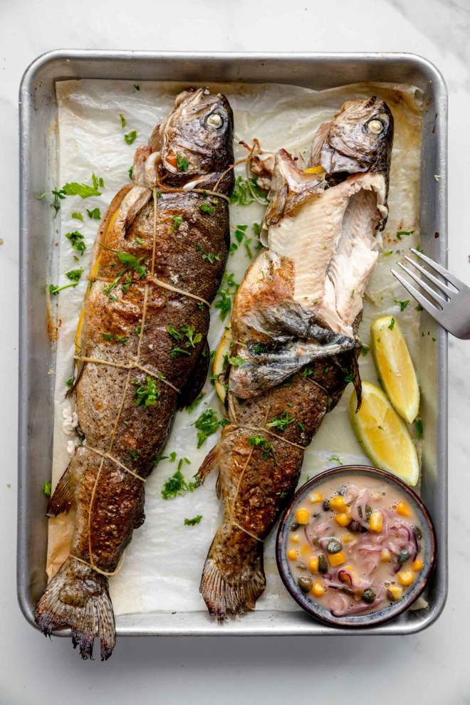 Baked rainbow trout with butter sauce