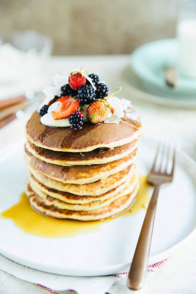 Banana Oat Pancakes - no sugar added with berries and syrup