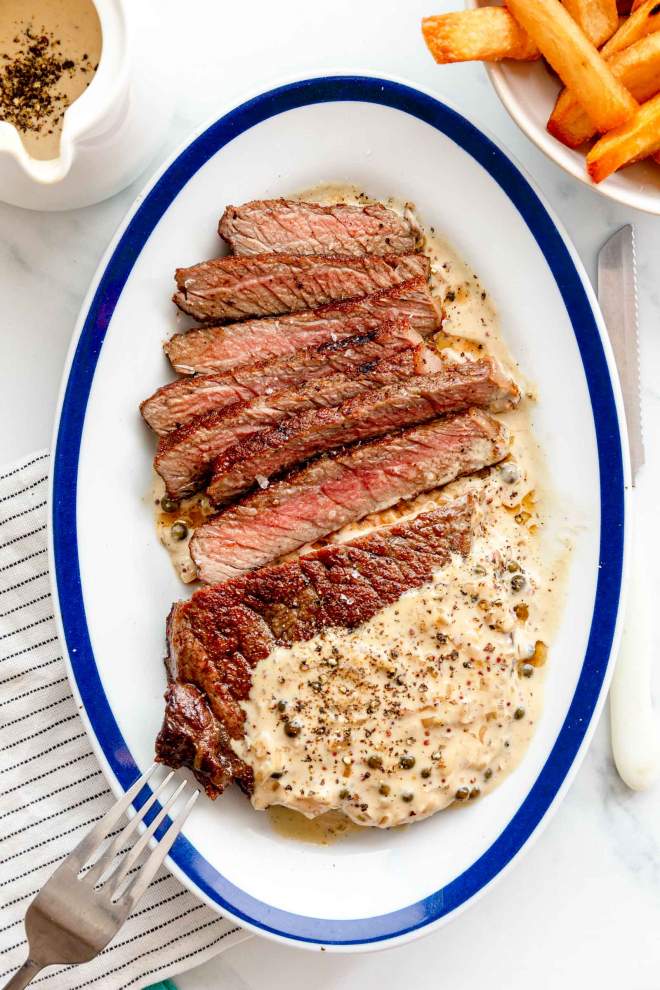 Reverse Sear Ribeye Steak with Peppercorn Sauce