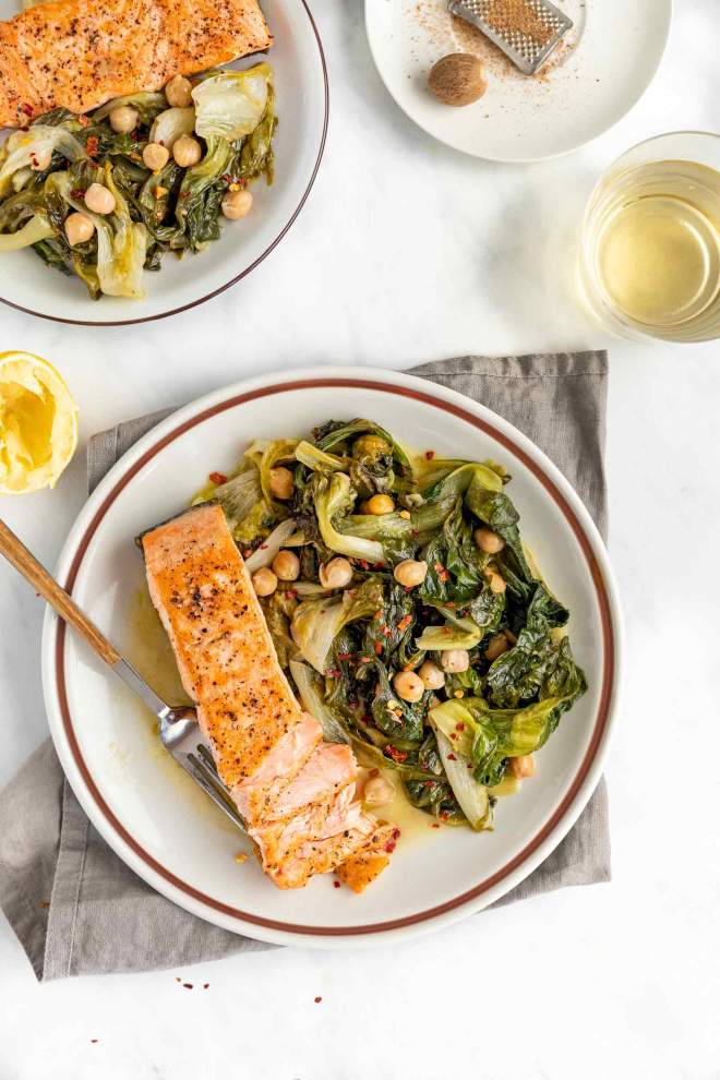 Pan-fried Salmon with Braised Escarole and Chickpeas