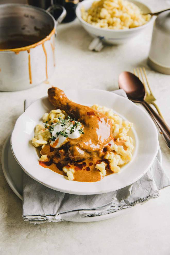 Chicken Paprikas served with Spaetzle and sour cream