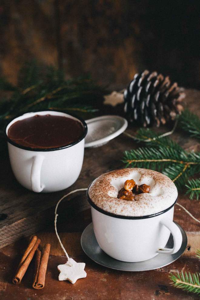 Hot chocolate with caramelized hazelnuts and frothed milk