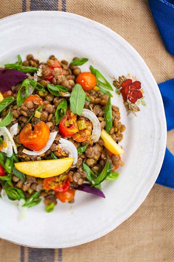 Lentil and Nectarine Salad on a plate