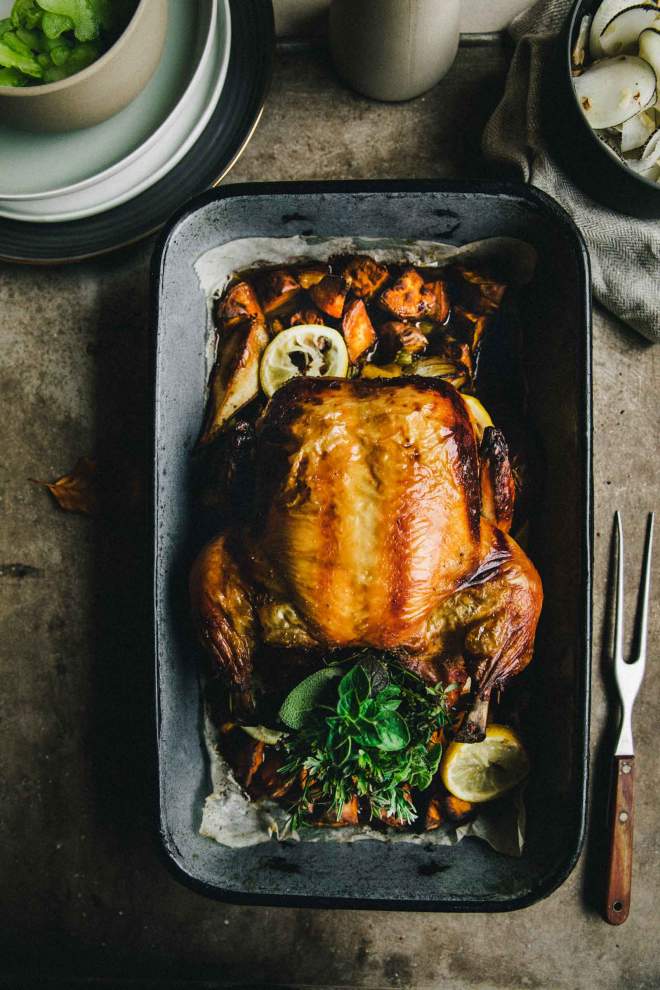 Roast Chicken with Sweet Potatoes and Pear