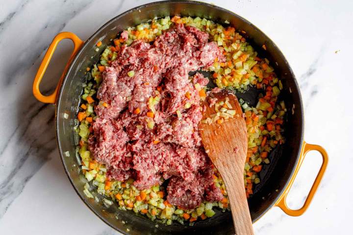 pan-frying the meat for Easy Bolognese