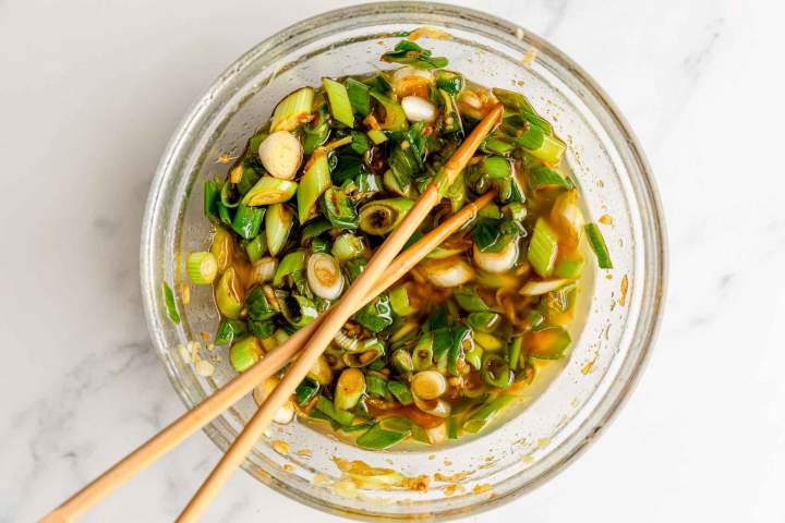 Making the ginger scallion sauce for Ginger Scallion Noodles with Shrimp