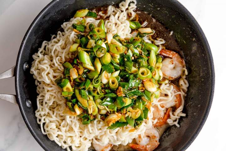 Ginger Scallion Noodles with Shrimp in the making