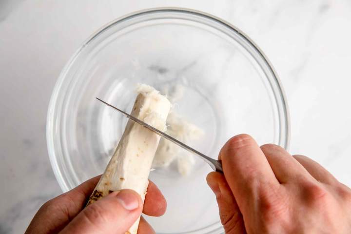 shaving horseradish for Easter Horseradish Egg Salad