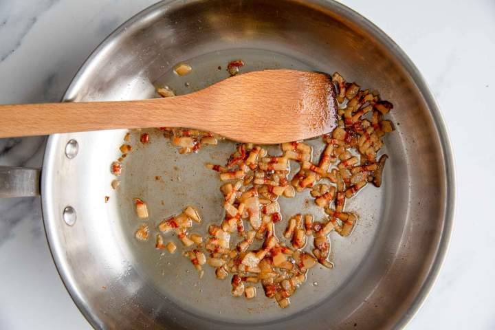 pan-frying guanciale for Pasta Amatriciana