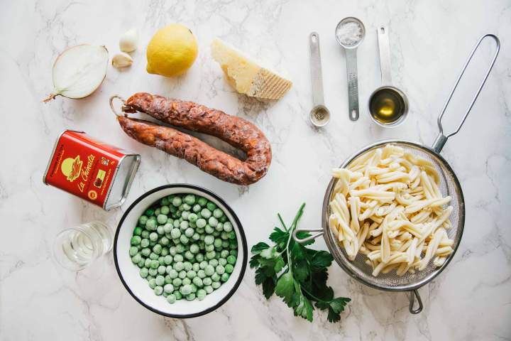 Ingredients for Pea Pasta with Chorizo (spicy sausage)