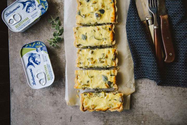 Seasonal Vegetables and Tuna Mediterana Tart with Creamy Ricotta and Yogurt Topping