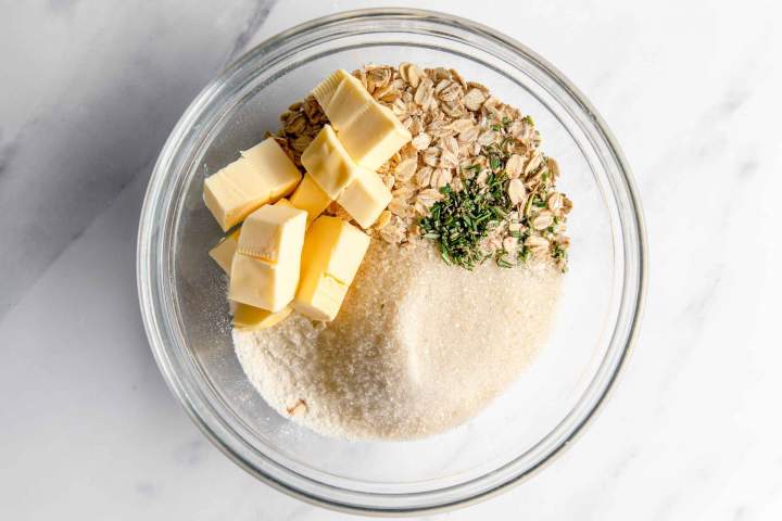 crumble ingredients for Greek Yogurt Cream with Peaches, and Crumble