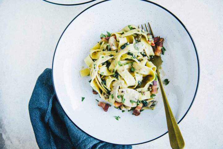 Tagliatelle with Mushrooms, Kale and Pancetta