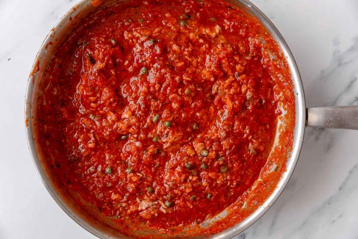 Tuna sauce for Canned Tuna Pasta with Tomatoes, and Capers