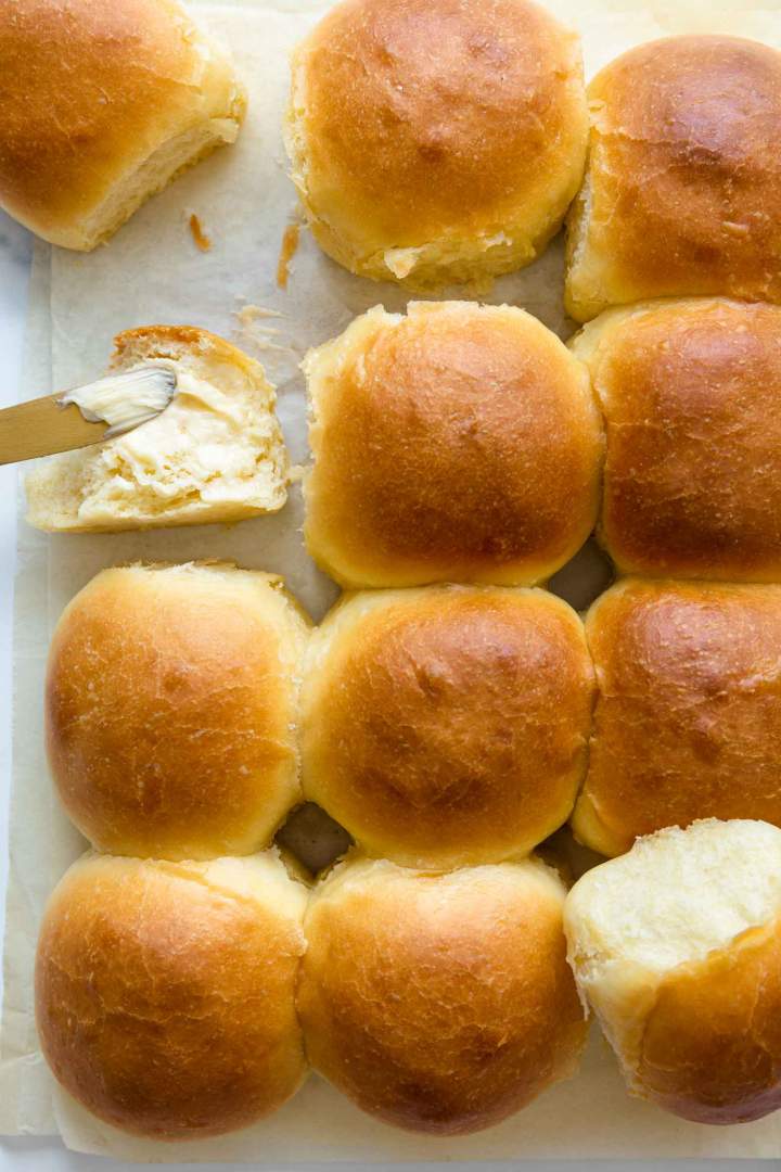 Soft Dinner Rolls with butter and milk