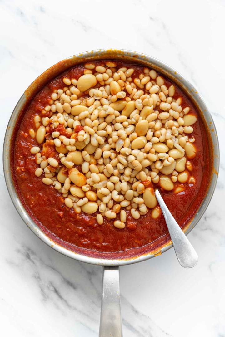 adding white beans to Baked Beans from Scratch