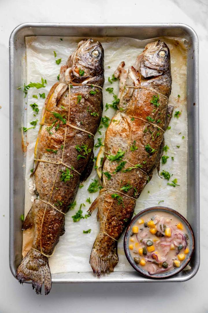 Baked rainbow trout with butter sauce