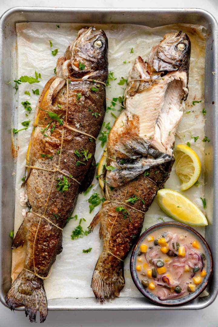 Baked rainbow trout with butter sauce