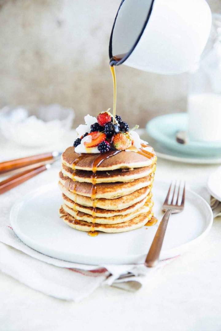 Banana Oat Pancakes - no sugar added with berries and syrup