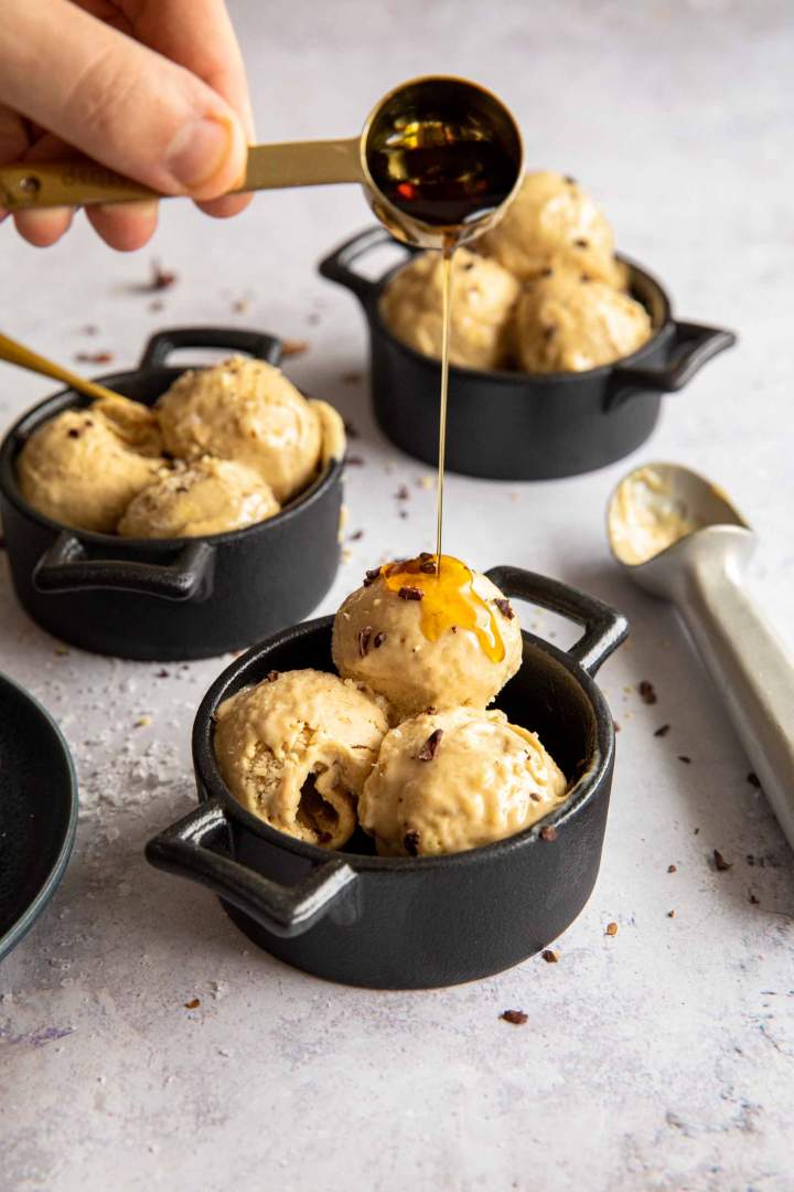 Banana Ice Cream with Peanut Butter, served with Maple Syrup