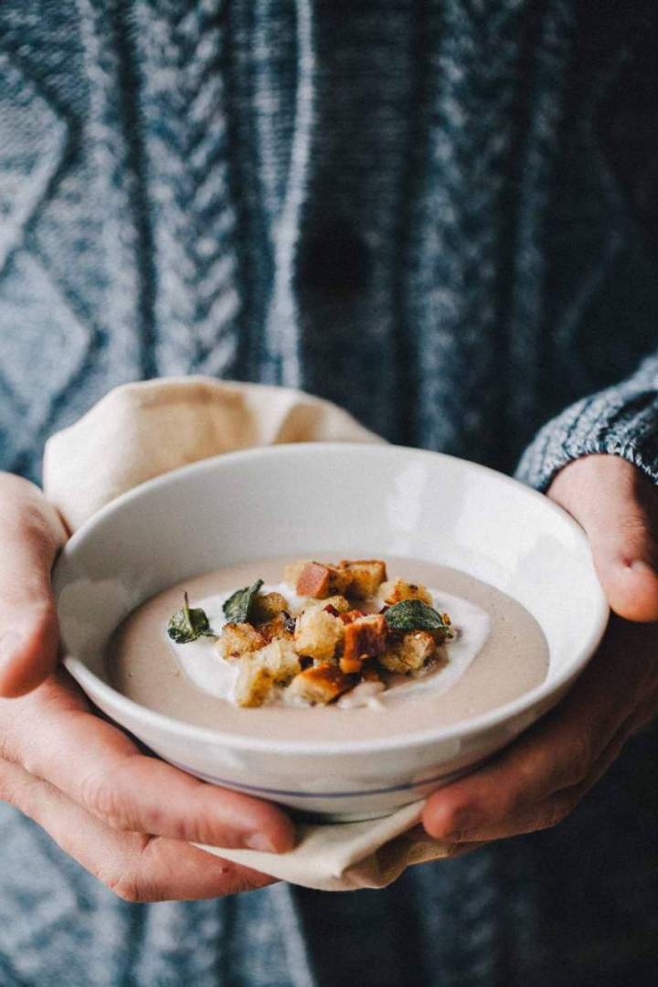 Bean soup with crunchy croutons in a bowl