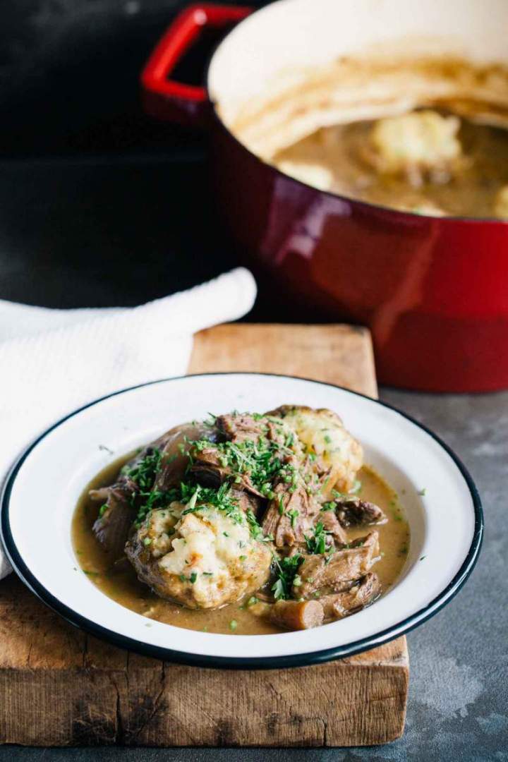 braised beef stew with fluffy dumplings