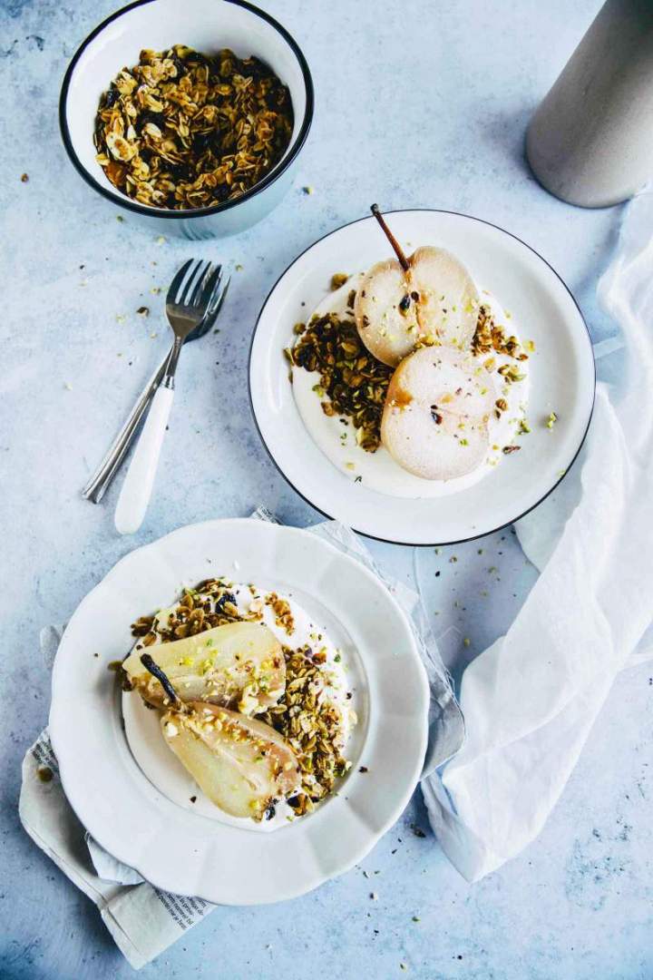 Breakfast Granola with Cranberries, Poached Pears and Yogurt