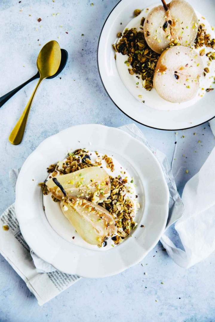 Breakfast Granola with Cranberries, Poached Pears and Yogurt