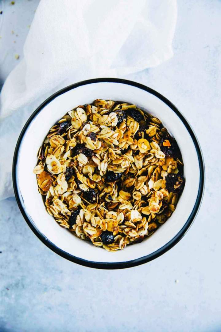 Breakfast Granola with Cranberries, Poached Pears and Yogurt