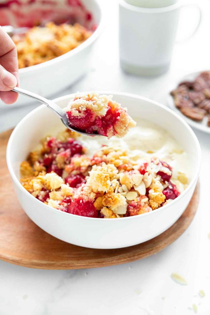 Coconut Cherry Crisp with vanilla ice cream