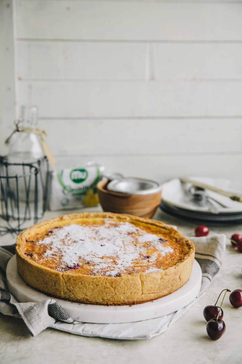 Cherry Custard Tart dusted with icing sugar