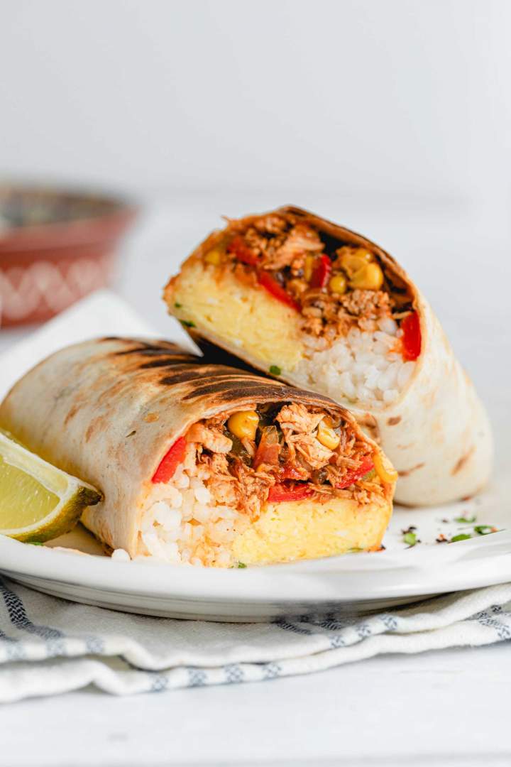 Shredded Chicken Burrito with vegetables, rice, and eggs
