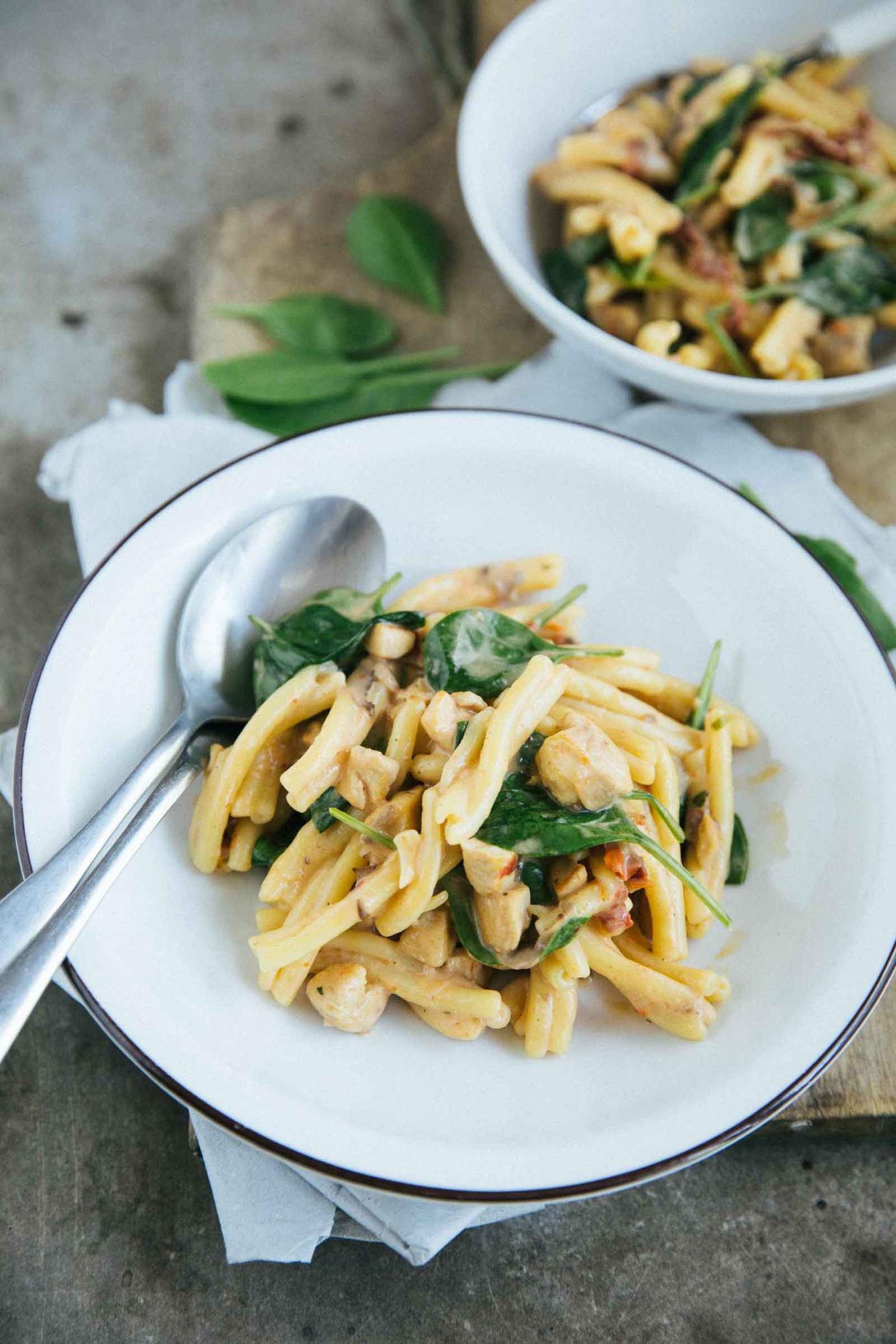 Chicken florentine pasta with baby spinach