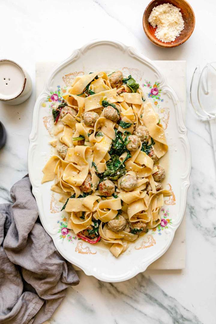 Creamy Chicken Meatball Pasta with Greens