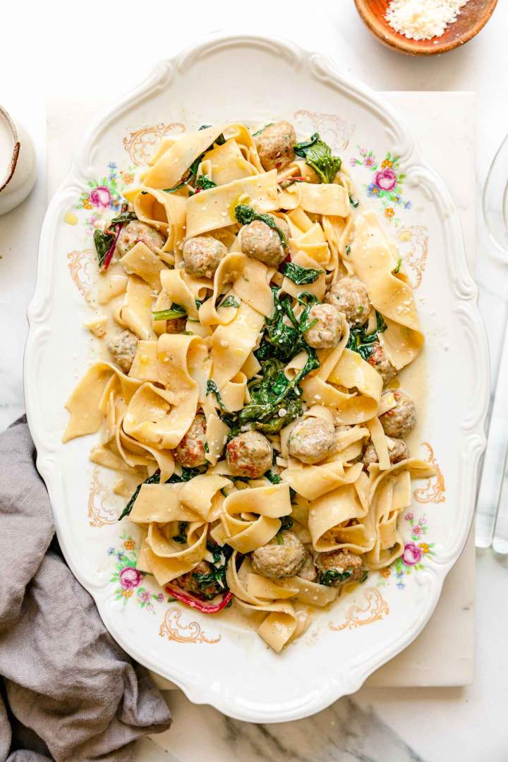 Creamy Chicken Meatball Pasta with Greens