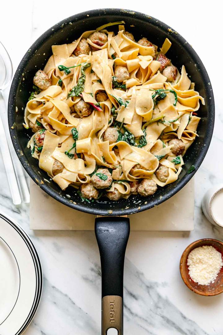 Creamy Chicken Meatball Pasta with Greens