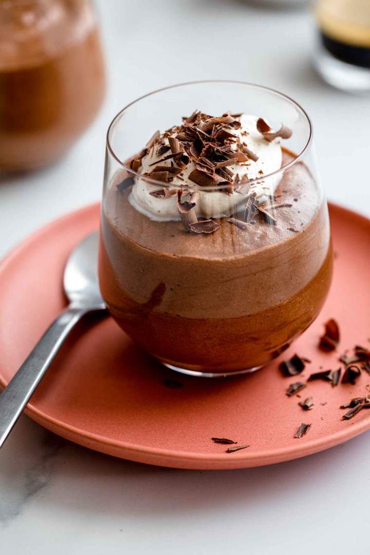Chocolate Mousse served with whipped cream and shaved chocolate