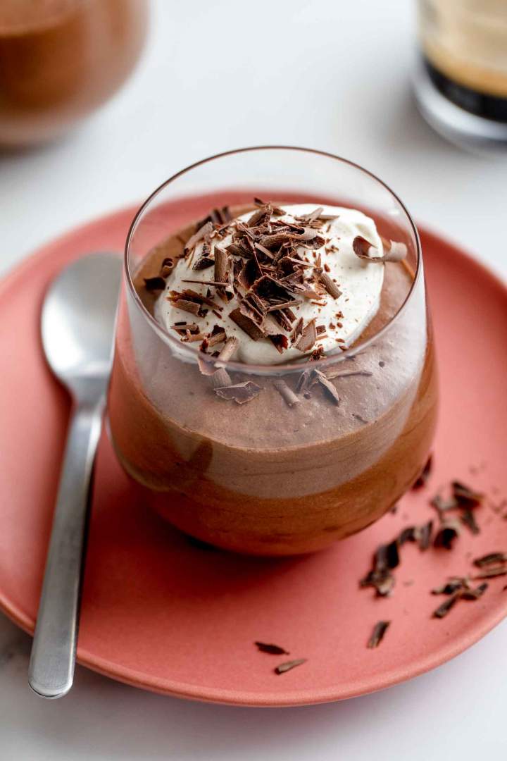Chocolate Mousse served with whipped cream and shaved chocolate