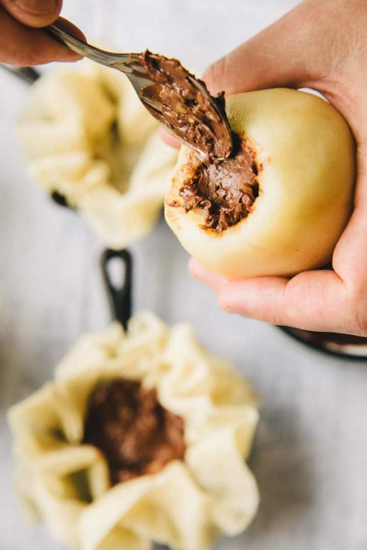 Chocolate stuffed baked pears with phyllo dough