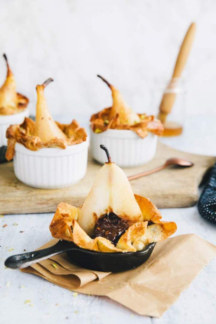 Chocolate stuffed baked pears with phyllo dough