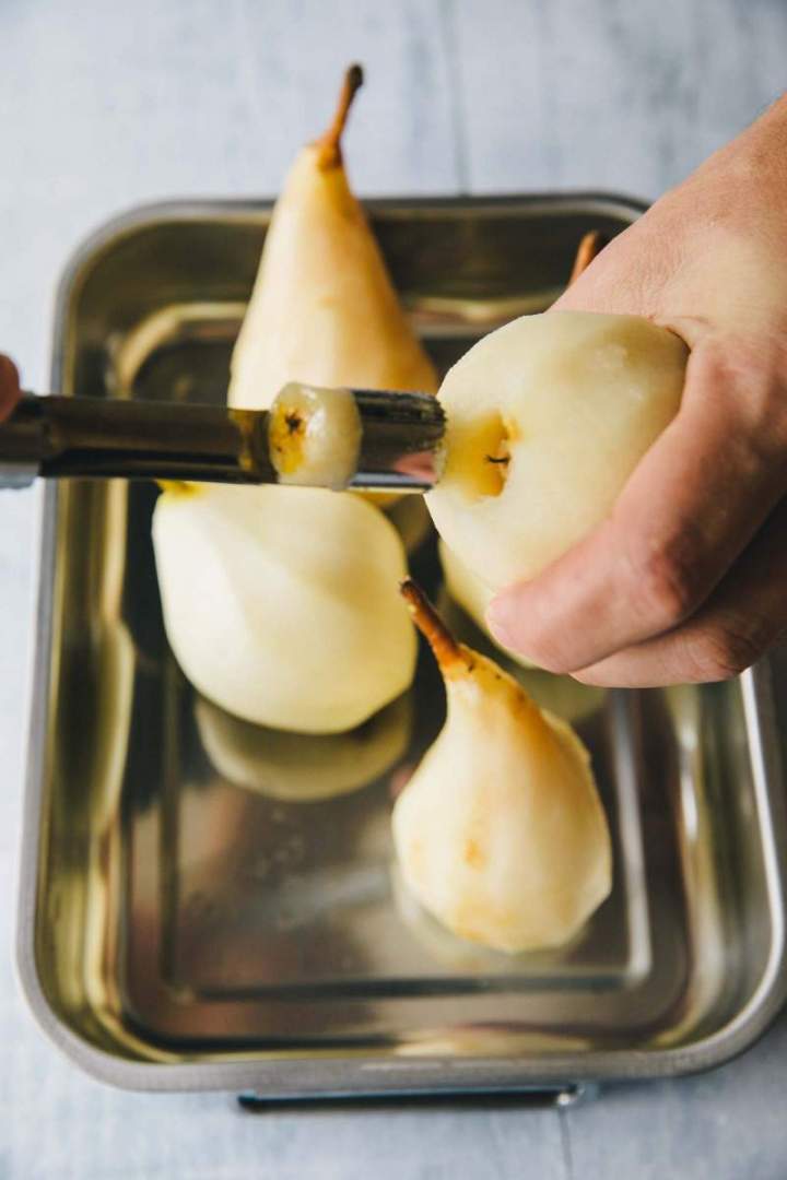 Chocolate stuffed baked pears with phyllo dough