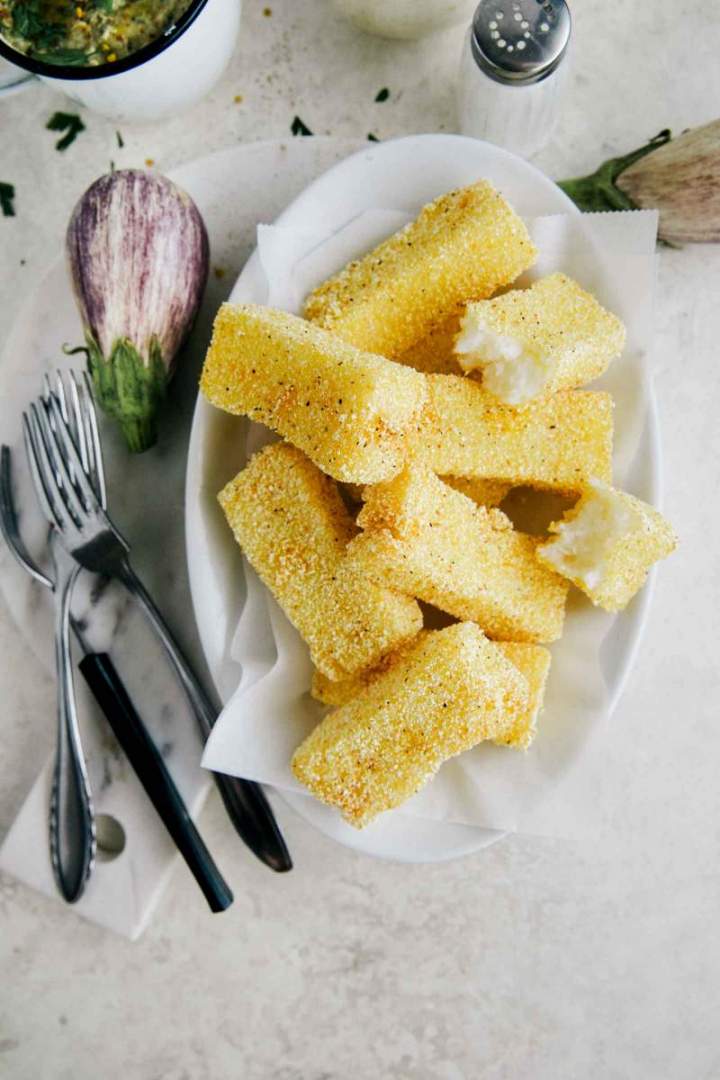 Crispy fried polenta with baba ganoush from jernejkitchen.com