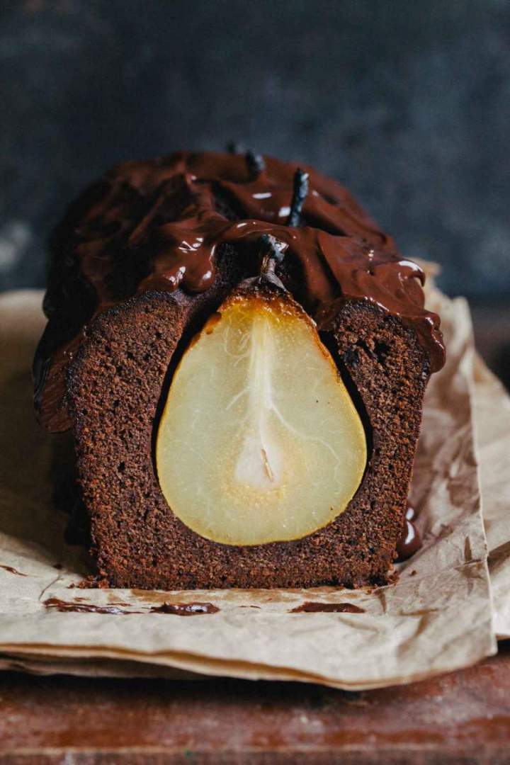 Double chocolate cake with pears