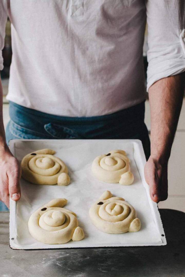 Easter bunny shaped rolls before baking